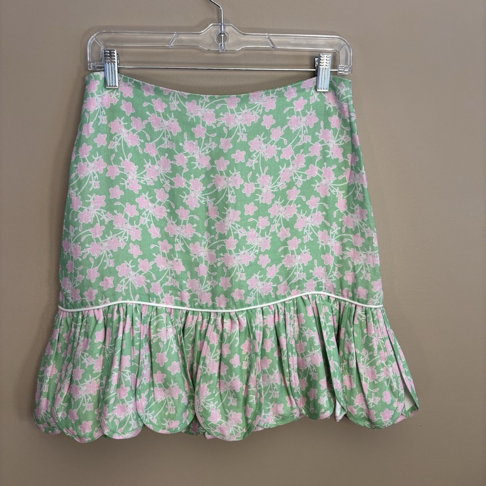 Azulu Colombia Pink Green Mini Skirt 100% Linen Petal Frills Women's Medium